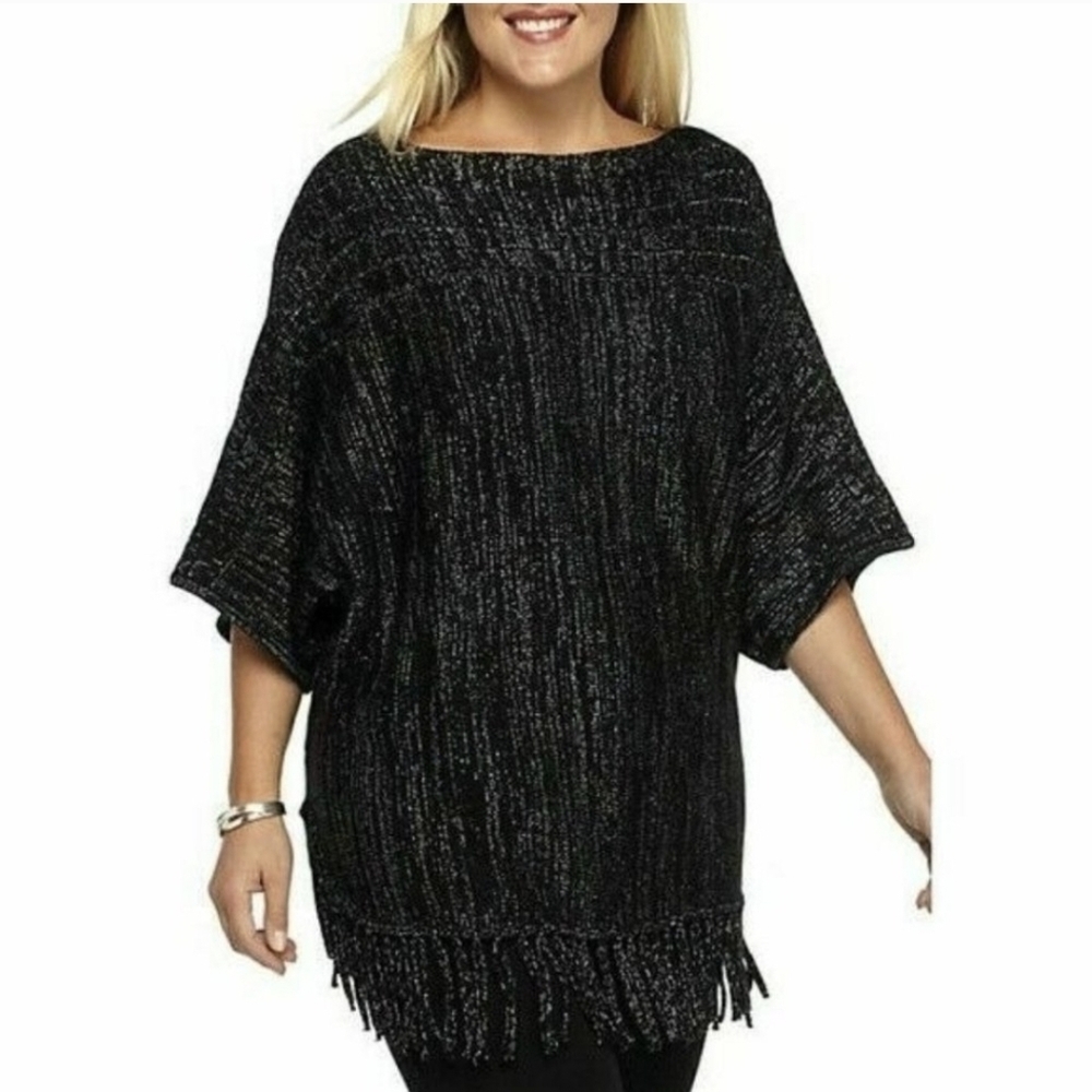 New Directions Black Metallic Fringe Knit Poncho Top Women’s 3X Sparkle Pullover